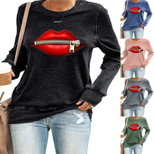 Lip Printed Shirts Metal Zipper Blouse Women O-neck Long Sleeve Sweatshirt Loose Pullover Streetwear Shirts Blouses Blusas