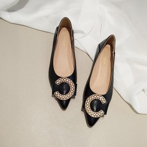 Spring and Summer Flat Flat Toe with Soft Bottom Water Drill Buckle Boat Shoes Soft Leather Professional Work Shoes Black