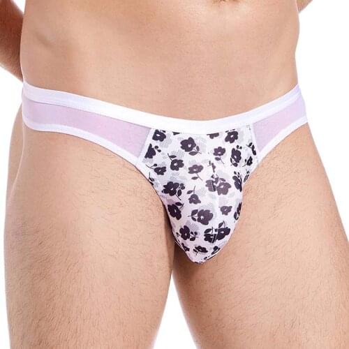 Men Underwear Mesh Printed Thong U-convex Big Pocket Briefs Transparent Sexy Gay Lingerie Soft Breathable G-String Male Panties