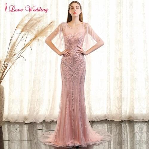 New Arrival 2020 Pink Evening Dresses Sexy Jewel Collar Crystal Beaded Formal Dress Luxury Trumpet Evening Long Dresses