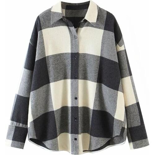 Womens Fashion Woolen Plaid Loose Shirt Lapel Long Sleeve Single Breasted Cardigan Spring And Autumn New
