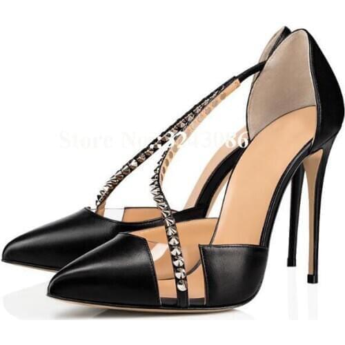 Women Rivets Stiletto Heel Pumps Shoes Fashion Pointed Toe Black White Leather PVC Patchwork Single Shoes Lady Large Size Shoes