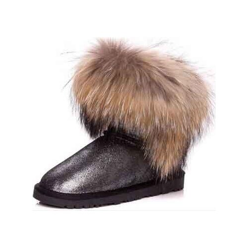 Top Fashion Womens Natural Fox Fur Snow Boots Genuine Cowhide Leather Winter Boots Female Ankle Boots Shoes Women Boots