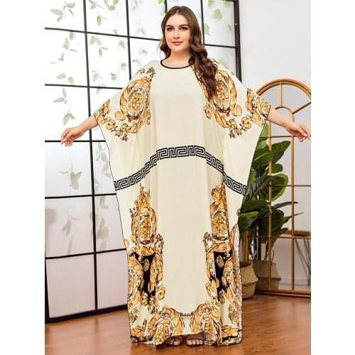 Women Casual batwing sleeve floral printed chiffon Dress african dashiki loose abaya kaftan ramadan robe moroccan gown