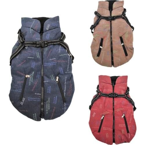 Pet Dog Winter Warm Jacket Coat With Harness Puppy Thicken Printed Cotton Coat Zipper Type Jacket For Small Medium Dogs