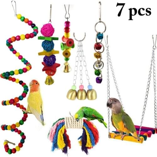 7pcs Parrot Toys Wood Birds Standing Chewing Rack Toys Bead Ball Parrot Toy Hanging Bird Toys Accessories Supplies