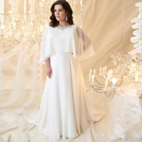 Elegant Plus Size Bridal Gowns Beading Rhinestones Scoop Neck Chiffon Cape Vestido De Novia Wedding Dresses