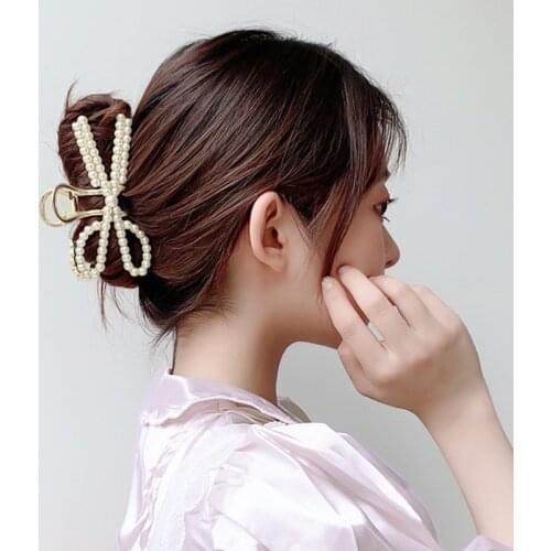 Elegant Pearl Rhinestone Large Hair Claws Simple Temperament Girl Catch Bow-knot Ribbon Hairpin Ponytail Accessories for Women