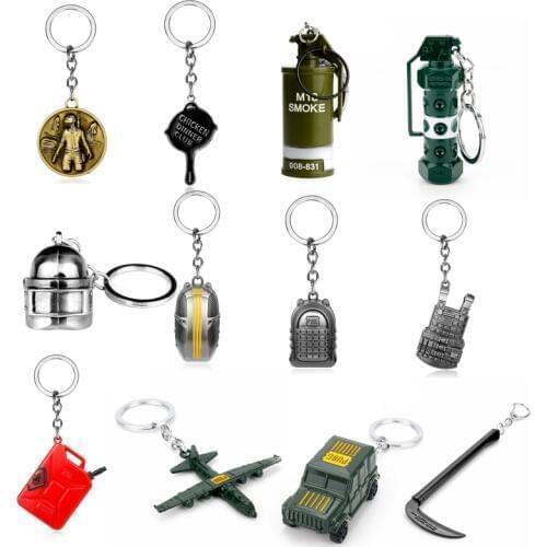 Game 37 Styles PUBG Weapon Props Keychain Men Boys Key Ring Chains Armor Helmet Mini Pan Keyfob Creative Trinkets Souvenirs