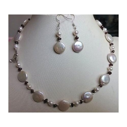 New Arriver Pearl Jewelry Set 18 inch 11-12mm White Coin Pearl Garnet Necklace Earrings