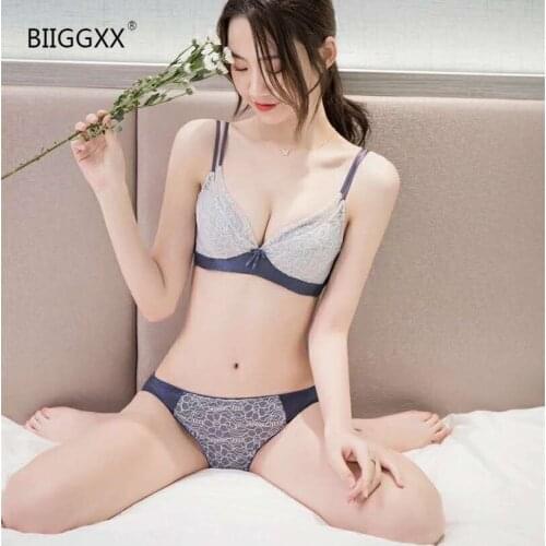 Biiggxx Womens underwear set with small breasts gathered adjusted without rims beautiful back hollowed out sexy lace bra set