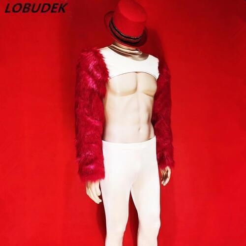 Valentines Day Bar Party Male Magician Stage Outfit Red Faux Fur Top With Leotard Pants Sexy Suit Nightclub Pole Dance Costume