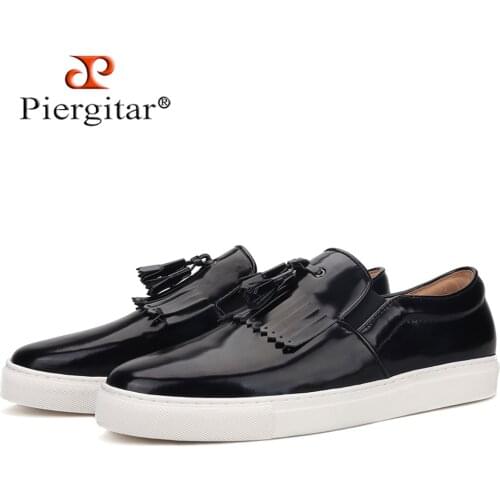 Piergitar 2020 handcrafted genuine leather men sneakers white rubber bottom mens tassel casual shoes outdoor sports shoes
