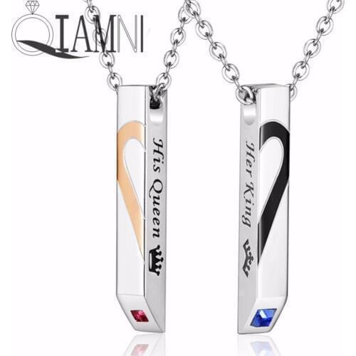 QIAMNI 2pcs Stainless Steel Lover His Queen Her King Crown Bar Pendant Necklace Forever Always Puzzle Love Heart Couple Necklace
