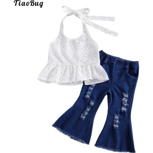 TiaoBug Summer Toddler Baby Girls Clothes Set Sleeveless Halter Neck Ruffle Hem Hollow Tops With Ripped Denim Flared Pants