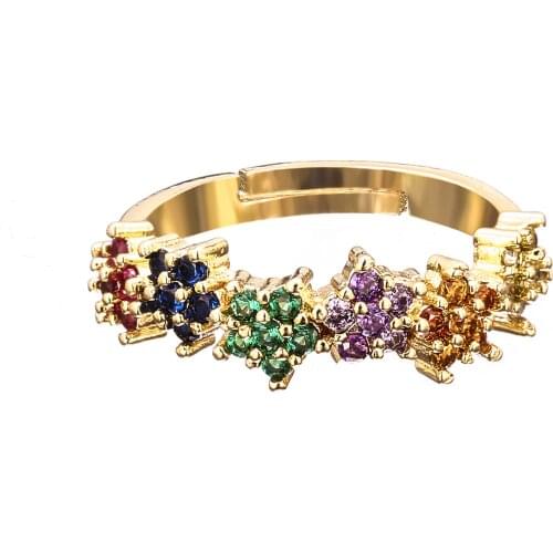 Fashion Womens gold cz flowers star ring adjustable rainbow ring zircons colorful crystal copper ring jewelry gift for woman
