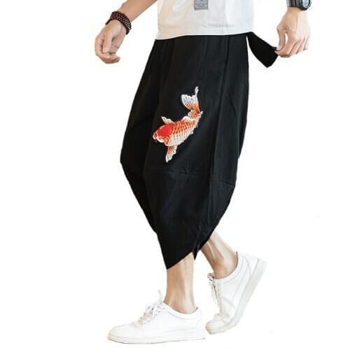 Mens 2019 New Beach Pants Male Summer Casual Pants Man Carp Embroidery Baggy Loose Trousers