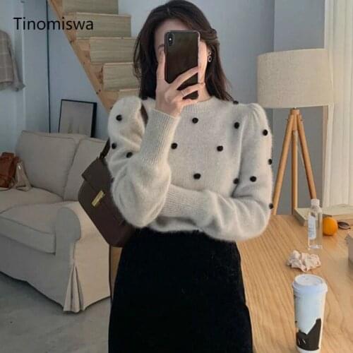 Pull Femme Contrast Color Puff Sleeve Pullover Jumpers Casual Vintage Korean Chic New Knitted Sweater Women O Neck Loose A587
