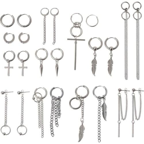 12 Pairs Titanium Steel Statement Kpop Korean Fashion Cross Feather Earrings Set Chain Dangle Hoop Earrings Kit Unisex 264E