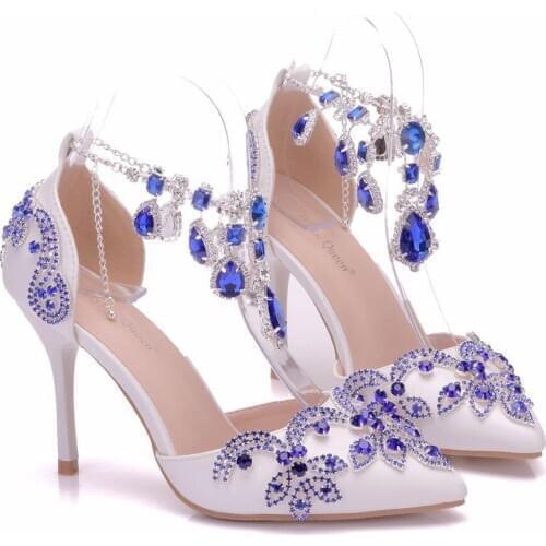 Royal Blue Crystal Ankle Strap Tassel Fringed Shoes for woman fashion Thin Heels Ladies Wedding Shoes Buckle Crystal Shoes