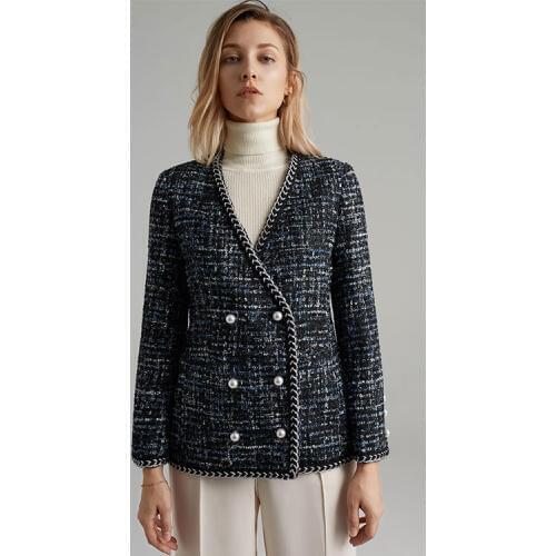 Women Plaid Wool Tweed Jacket Fashion Double Breasted Wool Coat Elegant Vintage Short Office Work Jacket Casual Korean Coat