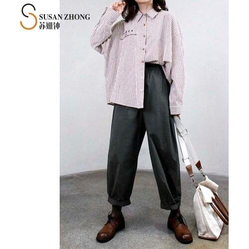 Women Shirt Female Blouse Lady Top 2021 Spring Natural Normcore Cotton Loose Turn-Down Collar Stripe Embroidery Letter Batwing