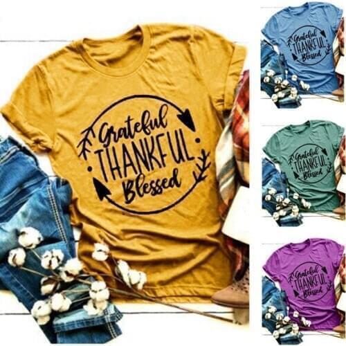 Letter Thankful Blessed Grateful Printed Short Sleeve Graphic Tees Women Unif Gothic Women Shirts