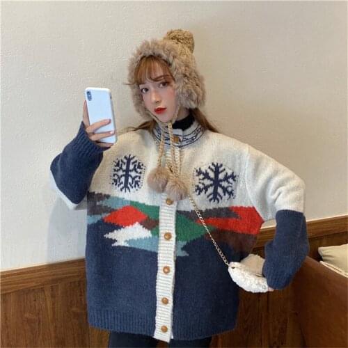 Women Sweater Winter Warm Casual Knitted Jacket Button Basic Sweaters Fashion Women Cardigans Coat Female Elegant Print Cardigan