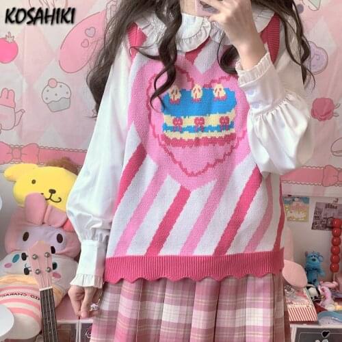 KOSAHIKI INS O Neck Knitted Sweater Vest Autumn Korean Style Kawaii Pullover Sleeveless Vests Female Japan Y2k Cute Waistcoat