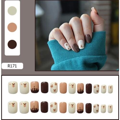 24pcs/Set Fake Nails Cute Bear Dog Leaf False Nails With Glue Wearable Removable Full Cover Short Artificial Hакладные Hогти