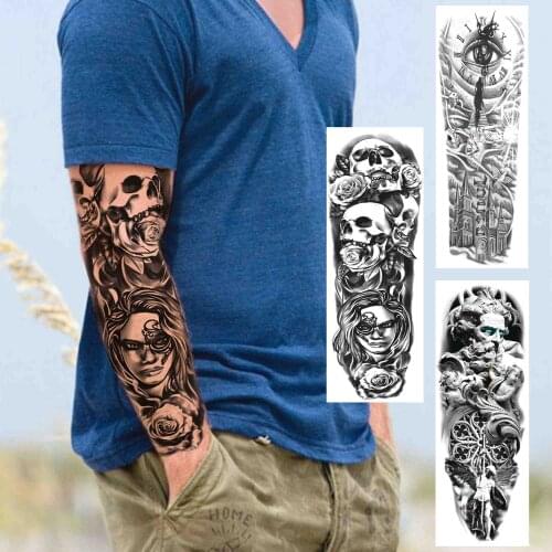 3D Black Death Skull Full Arm Tattoo Sticker For Men Adult Rose God Temporary Tattoos Sleeve Body Art Skeleton King Fake Tatoo