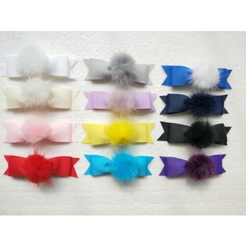 2pcs Boutique baby girl accessories 3" hair bows clips pom pom Fur fur pompon headwear sweet pompoms Hairpins GR106