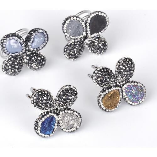 Dankaishi Four Leaf Flower Rings Boho Style Natural Stone Pave with Rhinestone Shining Accessories Jewelry for Women Girls Gift