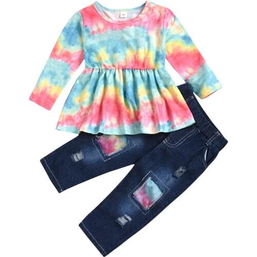 2 Pcs Kids Children Girls Autumn Set Long Sleeve Tie Dye O Neck Tops Patchwork Denim Pants Baby Infant Toddler Outfits 1-6Y