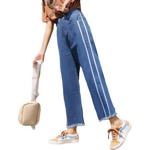 Jeans women 2019 new side two white strips raw edges wide leg daddy pants high waist thin bf straight ankle length pants