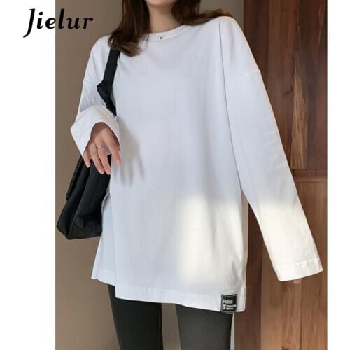 Jielur Solid Color Loose Womens T-shirt S-XL Young Basic Long Sleeve Bottoming Casual T-shirts for Woman Appliques Letter Tops