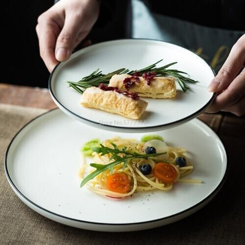 Ceramic Plate White Black Border Western Steak Plate Nordic Underglaze Creative Flat Tableware Restaurant Dessert Storage Tray