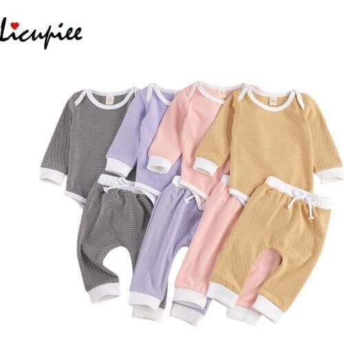 4 Colors Toddler Girls 2pcs Outfits, Long Sleeve Round Neck Romper Top + Elastic Waist Long Pant Clothes Sets 0-18 Months