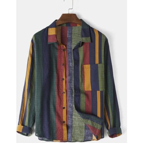 Mens Linen Shirts Long Sleeve Shirt With Pocket Mens Vertical Multi Color Striped Lapel Cotton Linen Breathable Casual Shirts