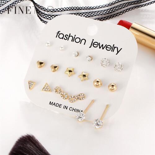 Fashion Infinity Triangle Heart Star Geometric Stud Earrings Set Bling Crystal Pearl Small Earrings for Women Girls Pendientes