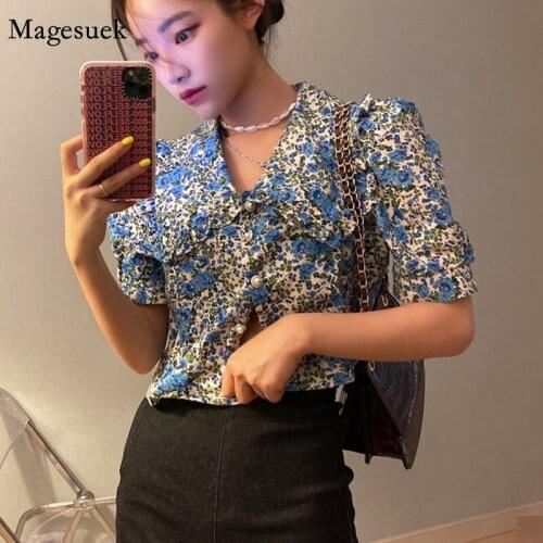 New Oil Painting Floral Ruffles Short Blouse Korea Vintage Loose Short Sleeve Women Tops Doll Collar Single-breasted Shirt 14162