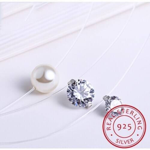 925 Sterling Silver Zirconia Crystal Pearl Pendant Choker Necklace Transparent Fishing Line 2020 Fine Jewelry For Women