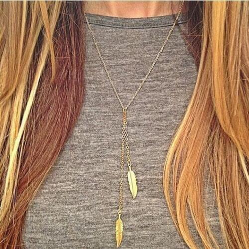 New leaf on a long chain pendant necklace fashion jewelry women / girl Gold Feather charm necklaces YW056