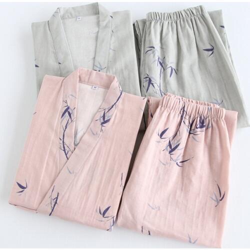 Women Men Spring Summer Cotton Kimono Pajamas Set 2PCS Sleepwear Couples Homewear Half Sleeve Long Pants bamboo prints design