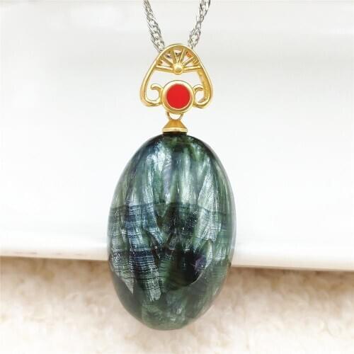 Genuine Natural Green Seraphinite Pendant 29x19mm Oval Gemstone Women Men Water Drop Crystal Gemstone Necklace AAAAA