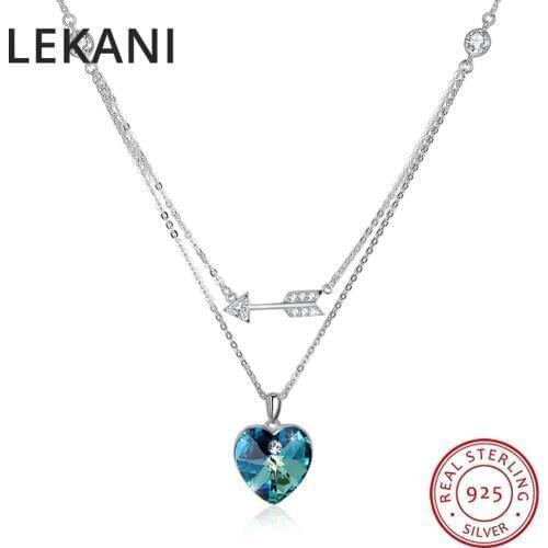 LEKANI Crystals From SWAROVSKI Heart Pendants Necklaces Real 925 Silver Double Chain Collares For Women Wedding Fine Jewelry