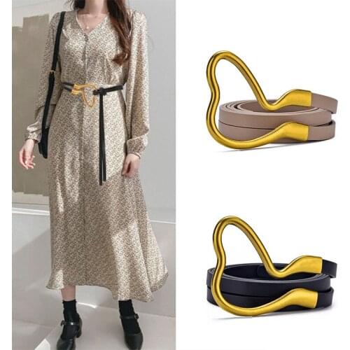 Big Horseshoe Buckle Cow Leather Belt Women Waistband Simple Thin Fashion All Match Jean Pant Dress Belt Genuine Leather Waist