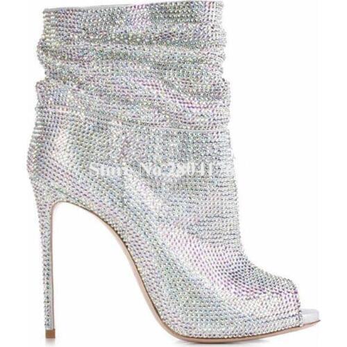 Ladies Luxurious Peep Toe Bling Bling Rhinestone Thin Heel Short Boots Silver Gold Black Crystal High Heel Ankle Boots Party