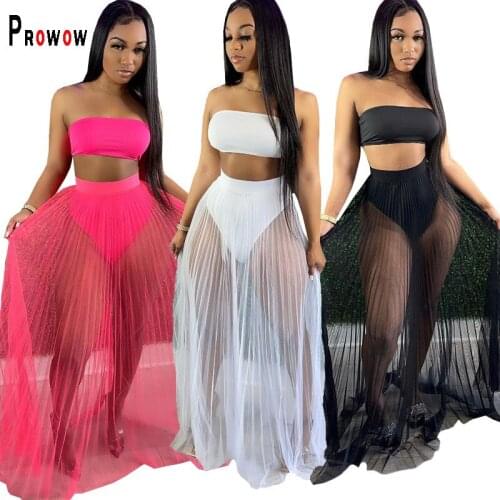 Prowow Sexy Beachwear Corset Tops Panty Mesh Dress Solid Color Three Piece Women Clothing Set Summer Casual Female Suits