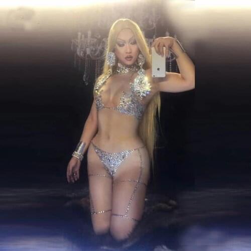Sexy Costume Nude Jumpsuit Women Sparkly Crystal Performance Bodysuit Female Singer Stage Wear Birthday Party Celebrate Outfit